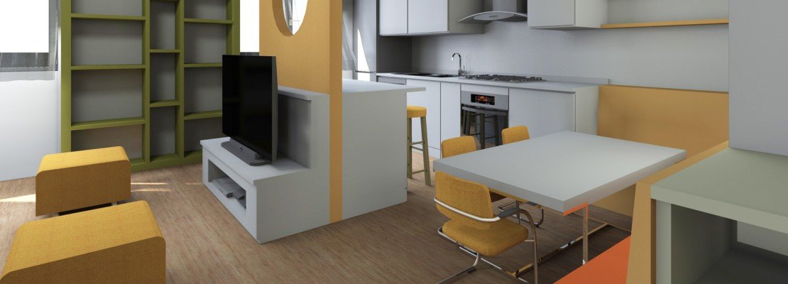 Soggiorno con cucina a vista. pianta e prospetto in 3d cose di casa Soggiorno e cucina ambiente unico