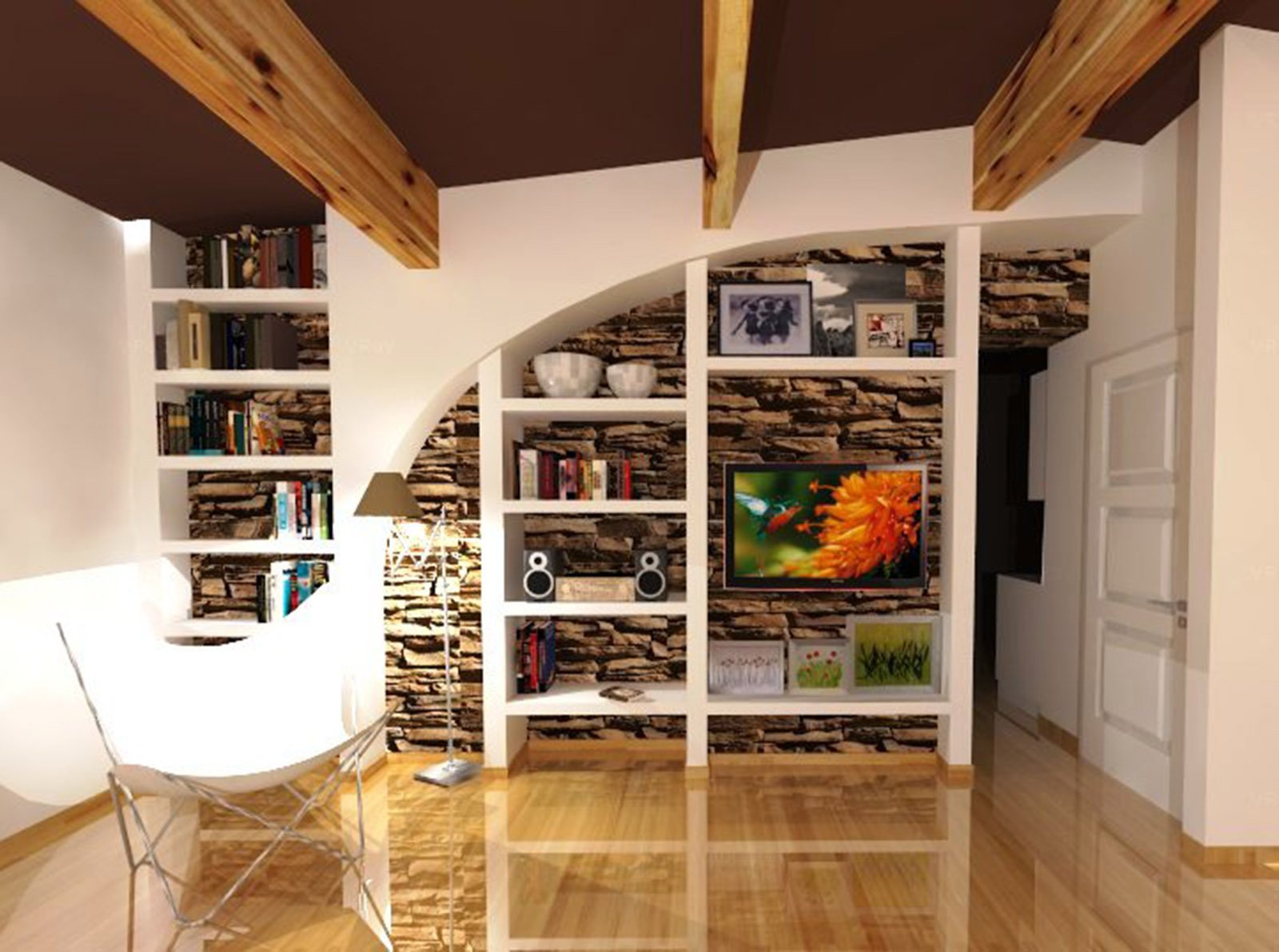 Come attrezzare una parete irregolare con libreria e tv?