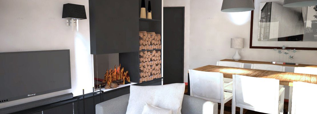Come dividere cucina e soggiorno? un progetto in 3d cose di casa Camino con televisore inserito