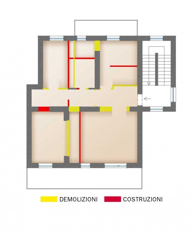 I lavori eseguiti Anche in questa soluzione il lay-out della casa è completamente ridisegnato e gli impianti rifatti ex-novo. Tutti i muri vengono spostati (tranne i due portanti) e anche le porte cambiano posto. Le modifiche alla muratura per il nuovo assetto della casa sono state studiate anche tenendo conto dell’arredamento, della posizione delle aperture e finalizzate a ottenere per ciascun locale la giusta superficie (a norma). Solo una progettazione integrata (arredo, illuminazione, impianti) permette di ottenere i migliori risultati al minor costo. I lavori eseguiti Anche in questa soluzione il lay-out della casa è completamente ridisegnato e gli impianti rifatti ex-novo. Tutti i muri vengono spostati (tranne i due portanti) e anche le porte cambiano posto. Le modifiche alla muratura per il nuovo assetto della casa sono state studiate anche tenendo conto dell’arredamento, della posizione delle aperture e finalizzate a ottenere per ciascun locale la giusta superficie (a norma). Solo una progettazione integrata (arredo, illuminazione, impianti) permette di ottenere i migliori risultati al minor costo.