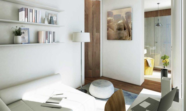 Lo studio che non c’era È il locale di 8 mq che viene aggiunto con il progetto, vi si accede dalla zona pranzo e può essere utilizzato come camera singola. Per renderla più confortevole, è stato realizzato un ingresso diretto al bagno adiacente. La possibilità di avere uno spazio separato e con propri servizi è una soluzione da non trascurare, e che può rivelarsi molto utile nel tempo. Questo spazio privato deve essere adattabile a camera per gli ospiti. Pezzi versatili e trasformabili e dal design lineare garantiscono la funzionalità. A scaldare l’ambiente, legno a terra e per la porta, che diventa quasi una quinta decorativa affacciata sulla zona pranzo. Lo studio che non c’era È il locale di 8 mq che viene aggiunto con il progetto, vi si accede dalla zona pranzo e può essere utilizzato come camera singola. Per renderla più confortevole, è stato realizzato un ingresso diretto al bagno adiacente. La possibilità di avere uno spazio separato e con propri servizi è una soluzione da non trascurare, e che può rivelarsi molto utile nel tempo. Questo spazio privato deve essere adattabile a camera per gli ospiti. Pezzi versatili e trasformabili e dal design lineare garantiscono la funzionalità. A scaldare l’ambiente, legno a terra e per la porta, che diventa quasi una quinta decorativa affacciata sulla zona pranzo.