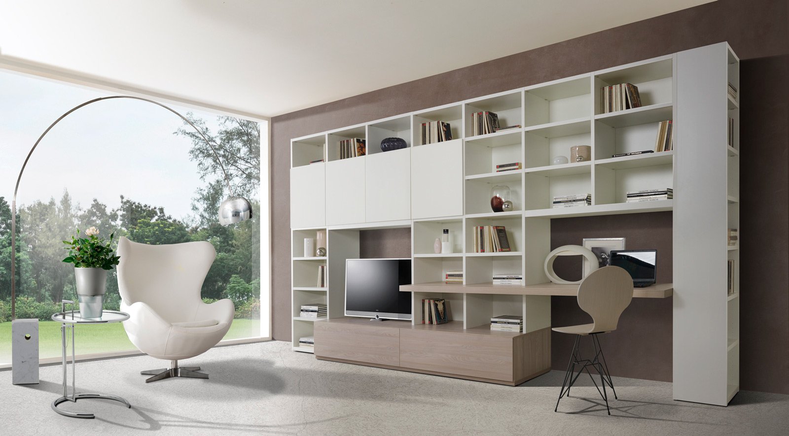 Angolo studio in soggiorno integrato nella libreria o in for Soggiorni moderni ad angolo