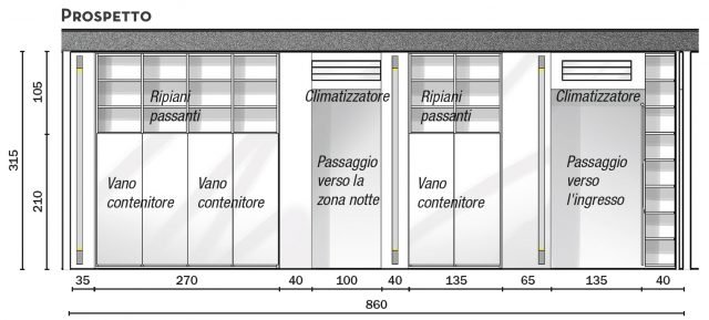 Nelle porzioni in muratura sono incassate barre verticali per l'alloggiamento di corpi illuminanti a led (sistema Dolma di Kreon). Gli split incassati nel controsoffitto in corrispondenza
dei vani di passaggio sono mimetizzati nella parete grazie al sistema Alasplit di Mitsubishi. Nelle porzioni in muratura sono incassate barre verticali per l'alloggiamento di corpi illuminanti a led (sistema Dolma di Kreon). Gli split incassati nel controsoffitto in corrispondenza
dei vani di passaggio sono mimetizzati nella parete grazie al sistema Alasplit di Mitsubishi.