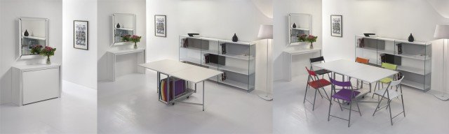 La consolle dal design essenziale Archimede di Pezzani contiene al suo interno un tavolo chiudibile e sei sedie pieghevoli in acciaio e plastica; è realizzata in laminato Ecologico con il bordo in alluminio cromato lucido. La consolle misura L 107 x P 36 x H 81 cm, il tavolo L 172 x P 92 x H 73 cm. Prezzo rispettivamente 375 euro e 485 euro; prezzo delle sedie First 38 euro cad. www.pezzani.eu La consolle dal design essenziale Archimede di Pezzani contiene al suo interno un tavolo chiudibile e sei sedie pieghevoli in acciaio e plastica; è realizzata in laminato Ecologico con il bordo in alluminio cromato lucido. La consolle misura L 107 x P 36 x H 81 cm, il tavolo L 172 x P 92 x H 73 cm. Prezzo rispettivamente 375 euro e 485 euro; prezzo delle sedie First 38 euro cad. www.pezzani.eu