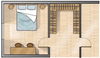 Su tre lati. Calcolando una profondità indicativa dell’attrezzatura di 55-60 cm e 120 cm per muoversi agevolmente in due mantenendo gli spazi ben divisi, la cabina deve avere come minimo i tre lati lunghi 240 cm. Su tre lati. Calcolando una profondità indicativa dell’attrezzatura di 55-60 cm e 120 cm per muoversi agevolmente in due mantenendo gli spazi ben divisi, la cabina deve avere come minimo i tre lati lunghi 240 cm.