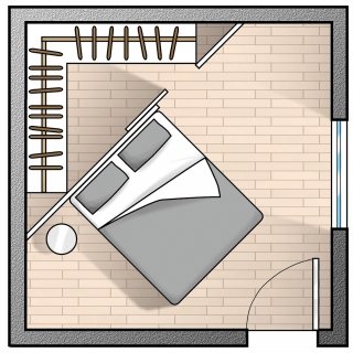 Ad angolo. Il minimo indispensabile, per moduli adeguatamente capienti e con tutto quel che serve è un triangolo con i lati da allestire lunghi 215 cm. Si ricava in questo modo anche lo spazio per l’apertura sulla parete libera.