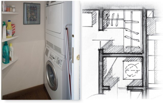 Rispetto alla situazione originaria, la camera matrimoniale è stata ridimensionata per ottenere anche la cabina armadio e un vano lavanderia accessibile dal corridoio. La prima è accessoriata con una struttura modulare ad angolo che include anche una cassettiera e mensole a giorno. Nella lavanderia sono state sistemate una sopra l’altra, con una combinazione prevista dai produttori, la lavatrice e l’asciugatrice. Mensole sagomate per sfruttare l’angolo sono anche più pratiche perché non sporgono. Entrambi i vani sono chiusi da porte scorrevoli interno muro, per le quali sono stati previsti i relativi controtelai. Rispetto alla situazione originaria, la camera matrimoniale è stata ridimensionata per ottenere anche la cabina armadio e un vano lavanderia accessibile dal corridoio. La prima è accessoriata con una struttura modulare ad angolo che include anche una cassettiera e mensole a giorno. Nella lavanderia sono state sistemate una sopra l’altra, con una combinazione prevista dai produttori, la lavatrice e l’asciugatrice. Mensole sagomate per sfruttare l’angolo sono anche più pratiche perché non sporgono. Entrambi i vani sono chiusi da porte scorrevoli interno muro, per le quali sono stati previsti i relativi controtelai.