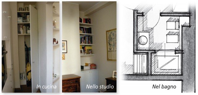 Per recuperare centimetri utili per contenere in alcuni ambienti della casa sono state ricavate rientranze. In cucina per esempio una nicchia accanto al vano tecnico è sfruttata come ripostiglio con mensole su misura fissate a una certa altezza, in modo da lasciare sotto lo spazio per oggetti ingombranti. È chiuso da un’anta che ne lascia a vista la porzione terminale in alto su cui sono appoggiati oggetti decorativi. Nella stanza adibita a studio una nicchia creata ex novo, sottraendo un po’ di spazio al bagno adiacente, è usata per una libreria che ha anche un vano chiuso nella parte inferiore. Per recuperare centimetri utili per contenere in alcuni ambienti della casa sono state ricavate rientranze. In cucina per esempio una nicchia accanto al vano tecnico è sfruttata come ripostiglio con mensole su misura fissate a una certa altezza, in modo da lasciare sotto lo spazio per oggetti ingombranti. È chiuso da un’anta che ne lascia a vista la porzione terminale in alto su cui sono appoggiati oggetti decorativi. Nella stanza adibita a studio una nicchia creata ex novo, sottraendo un po’ di spazio al bagno adiacente, è usata per una libreria che ha anche un vano chiuso nella parte inferiore.