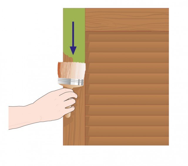 Per la cornice della persiana utilizzare un pennello medio. Dare la prima passata nel senso delle venature del legno, facendo attenzione a non lasciare zone vuote di colore. Per la cornice della persiana utilizzare un pennello medio. Dare la prima passata nel senso delle venature del legno, facendo attenzione a non lasciare zone vuote di colore.