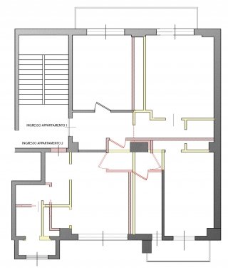 Nella pianta sono indicati gli interventi per unire i due appartamenti adiacenti e per definire il nuovo schema di distribuzione interno. Convenzionalmente le demolizioni sono in giallo e le costruzioni sono in rosso.