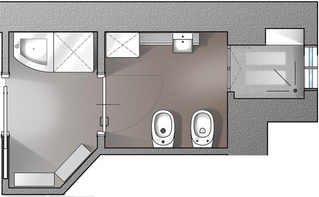 Il progetto illustra come sfruttare l’antibagno di circa 2 mq: in questo caso è stata allestita una zona lavanderia, poiché la normativa ammette l’inserimento del lavabo in questo spazio di disimpegno. Per agevolare i percorsi e ottimizzare i due ambienti, bagno e antibagno, sono state previste porte scorrevoli a scomparsa. Il progetto illustra come sfruttare l’antibagno di circa 2 mq: in questo caso è stata allestita una zona lavanderia, poiché la normativa ammette l’inserimento del lavabo in questo spazio di disimpegno. Per agevolare i percorsi e ottimizzare i due ambienti, bagno e antibagno, sono state previste porte scorrevoli a scomparsa.