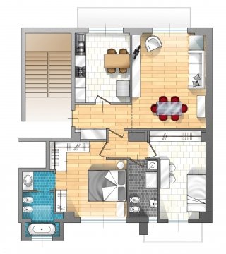 Il progetto ricava un’unica abitazione con una sola entrata: un trilocale di 100 mq con doppio affaccio. Il disimpegno centrale ottenuto è il filtro di comunicazione tra i due ex alloggi separati.
