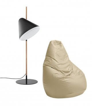 lampada da terra Hello di Norman Copenhagen in faggio e pouf Sacco di Zanotta lampada da terra Hello di Norman Copenhagen in faggio e pouf Sacco di Zanotta