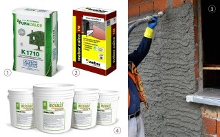 1. A effetto pozzolanico, l’intonaco tradizionale  per interni ed esterni è a base di pura nano-calce e inerti selezionati. Usato come intonaco di fondo su murature vecchie e nuove in pietre, mattoni, tufo il bio-intonaco è caratterizzato da elasticità; è fornito sfuso in silo o in sacchi speciali da 30 kg. K1710 linea Puracalce di Fassa Bortolo ]  2. Ideale per il recupero degli edifici come per le nuove costruzioni, l’intonaco traspirante si applica manualmente Fibrato con fibre di vetro, l’intonaco è composto da calce idraulica; disponibile in sacchi da 25 kg. Weber.Calce TM di Weber Saint Gobain ]  3. Per la decorazione traspirante degli intonaci, il formulato è batteriostatico e antimuffa naturale. Utilizza come legante calce idraulica naturale oppure cemento, l’intonaco a base di vetro espanso riciclato; i sacchi sono da 50 kg. Termointonaco Laterlite di Laterlite]  4. A base di vetro espanso, con calce idraulica o cemento, il termointonaco premiscelato è particolarmente versatile. Con grassello selezionato di pura calce, terre colorate naturali e polvere di marmo esiste in quattro granulometrie e 61 colorazioni. Biocalce Intonachino colorato di Kerakoll