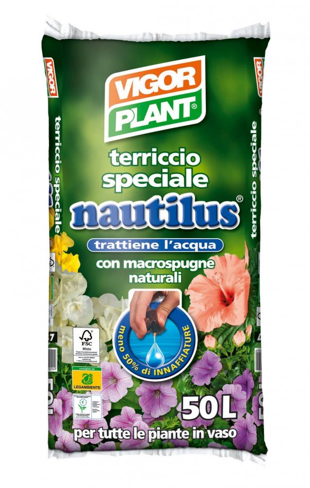 Nautilus di Vigorplant è un terriccio particolare, con una gran quantità di fibre e macrospugne naturali che sono in grado di assorbire una notevole di acqua rendendola gradualmente disponibile per la pianta Nautilus di Vigorplant è un terriccio particolare, con una gran quantità di fibre e macrospugne naturali che sono in grado di assorbire una notevole di acqua rendendola gradualmente disponibile per la pianta