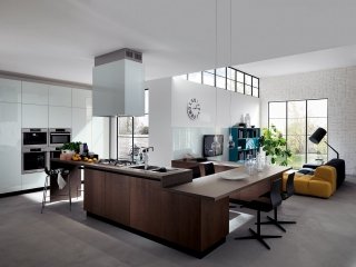 cucina con penisola LiberaMente di Scavolini: piano cottura, lavello e banco snack integrati in una soluzione lineare cucina con penisola LiberaMente di Scavolini: piano cottura, lavello e banco snack integrati in una soluzione lineare