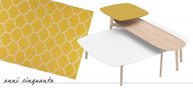 Match di Calligaris è un set di tre tavolini con la struttura in legno di frassino e il piano in multimateriali (agglomerato di quarzo con finitura effetto marmo, mdf laccato opaco e mdf impiallacciato di legno); le differenti altezze consentono di sovrapporli per creare una composizione, inoltre è disponibile anche un modello a doppio piano. Misurano L 100 x P 135 x H 31 cm e L 56 x P 152 x H 42/53 cm (il tavolo a doppio piano). Il prezzo per la composizione è 844 euro. www.calligaris.it. É decorato da un motivo a rete su fondo senape il tappeto di Ikea Stockholm, la tessitura piatta in lana lo rende resistente allo sporco e all'usura; è reversibile. Misura L 240 x P 170 cm. Il prezzo è 159 euro. www.ikea.it Match di Calligaris è un set di tre tavolini con la struttura in legno di frassino e il piano in multimateriali (agglomerato di quarzo con finitura effetto marmo, mdf laccato opaco e mdf impiallacciato di legno); le differenti altezze consentono di sovrapporli per creare una composizione, inoltre è disponibile anche un modello a doppio piano. Misurano L 100 x P 135 x H 31 cm e L 56 x P 152 x H 42/53 cm (il tavolo a doppio piano). Il prezzo per la composizione è 844 euro. www.calligaris.it. É decorato da un motivo a rete su fondo senape il tappeto di Ikea Stockholm, la tessitura piatta in lana lo rende resistente allo sporco e all'usura; è reversibile. Misura L 240 x P 170 cm. Il prezzo è 159 euro. www.ikea.it