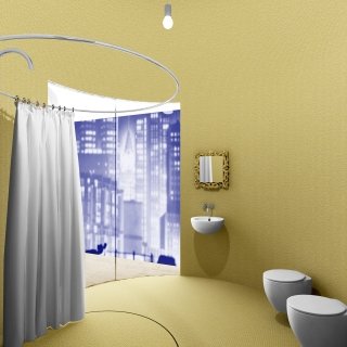 bagno tondo, delimitato da pannelli curvi, alcuni fissi, altri mobili quanto basta per l’accesso bagno tondo, delimitato da pannelli curvi, alcuni fissi, altri mobili quanto basta per l’accesso