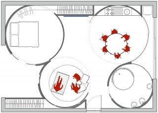 Cucina e salotto vengono messi in comunicazione diretta e utilizzano anche i disimpegni Cucina e salotto vengono messi in comunicazione diretta e utilizzano anche i disimpegni