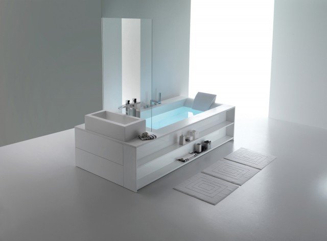 La vasca Sensual di Hafro, completata da lavabo e vani a giorno che ne occupano tutta la lunghezza, diventa una soluzione d’arredo compatta e di grande effetto estetico. Ha comandi che si attivano con una lieve pressione. La vasca airpool, realizzata in Corian®, ha lavabo integrato e dispone di seduta ergonomica e poggiatesta. Esiste in versione solo vasca, con lavabo o con doccia. Misura 250 x 120 cm. Iva esclusa, prezzo 15.300 euro. www.hafro.it La vasca Sensual di Hafro, completata da lavabo e vani a giorno che ne occupano tutta la lunghezza, diventa una soluzione d’arredo compatta e di grande effetto estetico. Ha comandi che si attivano con una lieve pressione. La vasca airpool, realizzata in Corian®, ha lavabo integrato e dispone di seduta ergonomica e poggiatesta. Esiste in versione solo vasca, con lavabo o con doccia. Misura 250 x 120 cm. Iva esclusa, prezzo 15.300 euro. www.hafro.it