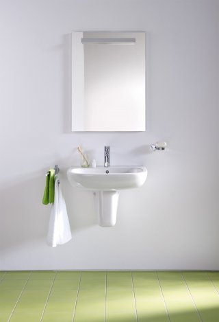 lavandino bagno monoforo D-Code di Duravit con troppopieno e semicolonna in ceramica bianca lavandino bagno monoforo D-Code di Duravit con troppopieno e semicolonna in ceramica bianca