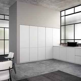 cucina Aspen di Doimo Cucine prevede colonne a filo muro e basi operative con piano in Corian cucina Aspen di Doimo Cucine prevede colonne a filo muro e basi operative con piano in Corian