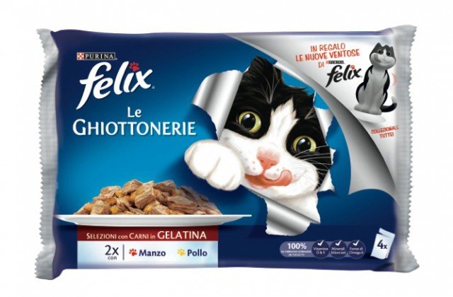 Le Ghiottonerie FELIX sono in vendita nella grande distribuzione formato multipack da 4 confezioni da 100 g ai gusti di pollo e manzo di purina Le Ghiottonerie FELIX sono in vendita nella grande distribuzione formato multipack da 4 confezioni da 100 g ai gusti di pollo e manzo di purina