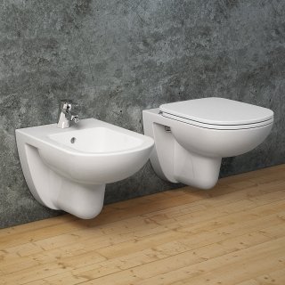 Sono in ceramica bianca i sanitari sospesi e compatti che misurano L 36 x P 53 cm; il vaso costa 127,60 euro; il bidet 123 euro Serie Gemma 2 di Ceramica Dolomite ] www.ceramicadolomite.it