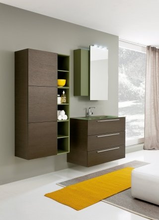 Essenze Glam di Archeda ha top in vetro con lavabo integrato e base in rovere spazzolato Essenze Glam di Archeda ha top in vetro con lavabo integrato e base in rovere spazzolato