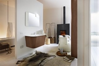 base sospesa in castagno cacao Collezione Suede di Cerasa conica con cassettone per lavabo in marmoresina bianca base sospesa in castagno cacao Collezione Suede di Cerasa conica con cassettone per lavabo in marmoresina bianca
