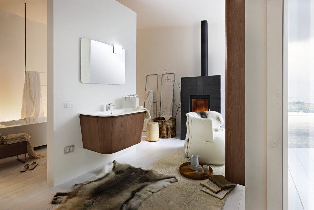 base sospesa in castagno cacao Collezione Suede di Cerasa conica con cassettone per lavabo in marmoresina bianca base sospesa in castagno cacao Collezione Suede di Cerasa conica con cassettone per lavabo in marmoresina bianca
