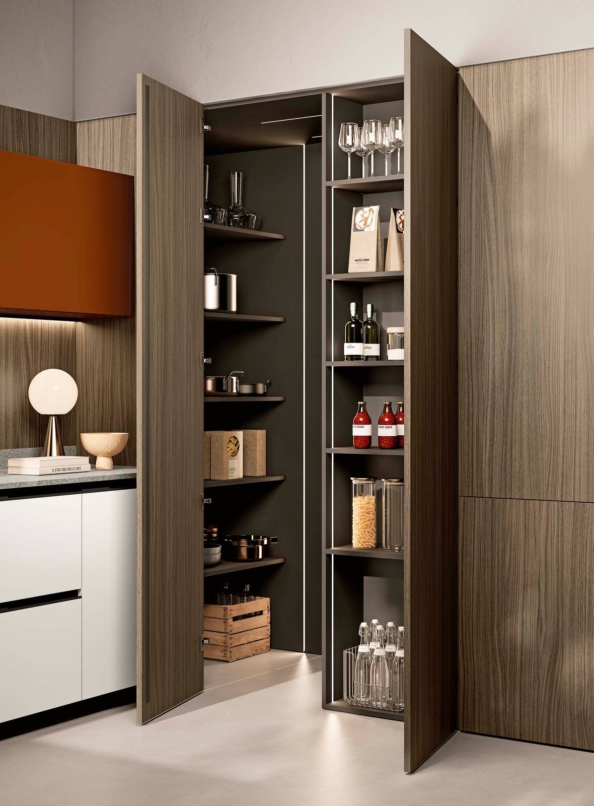 Nella cucina del sistema Origina di Febal Casa, la cabina ricrea una vera e propria stanza adibita a dispensa, all’occorrenza corredata di forni, microonde o cantinette vini. Moduli, accessori e illuminazione rendono l’ambiente interno funzionale e sofisticato. Le ante square delle colonne sono in Nobilitato Rovere Africano. www.febalcasa.com Nella cucina del sistema Origina di Febal Casa, la cabina ricrea una vera e propria stanza adibita a dispensa, all’occorrenza corredata di forni, microonde o cantinette vini. Moduli, accessori e illuminazione rendono l’ambiente interno funzionale e sofisticato. Le ante square delle colonne sono in Nobilitato Rovere Africano. www.febalcasa.com