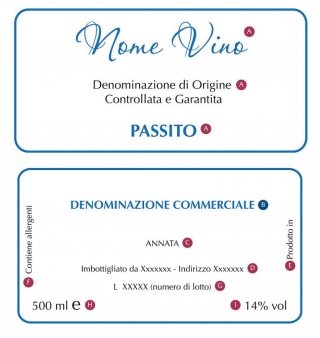 Un'etichetta tutta nuova È quella proposta da Coldiretti (www.coldiretti.it) per fornire le informazioni che aiutano a identificare il vino.A Nome del vino con espressione “Denominazione di Origine Controllata” (DOC) o “Denominazione di Origine Controllata e Garantita” (DOCG), oppure Denominazione di Origine Protetta (DOP) o indicazione Geografica Protetta (IGP) B Denominazione commerciale - C Annata Obbligatoria per DOC e DOCG, Facoltativa per IGT - D Nome o marchio con indirizzo dell’imbottigliatore- E Origine e provenienza - F indicazione su allergenti (solfiti) - G Lotto - H Quantità netta - I Tenore di alcol in volume % Un'etichetta tutta nuova È quella proposta da Coldiretti (www.coldiretti.it) per fornire le informazioni che aiutano a identificare il vino.A Nome del vino con espressione “Denominazione di Origine Controllata” (DOC) o “Denominazione di Origine Controllata e Garantita” (DOCG), oppure Denominazione di Origine Protetta (DOP) o indicazione Geografica Protetta (IGP) B Denominazione commerciale - C Annata Obbligatoria per DOC e DOCG, Facoltativa per IGT - D Nome o marchio con indirizzo dell’imbottigliatore- E Origine e provenienza - F indicazione su allergenti (solfiti) - G Lotto - H Quantità netta - I Tenore di alcol in volume %