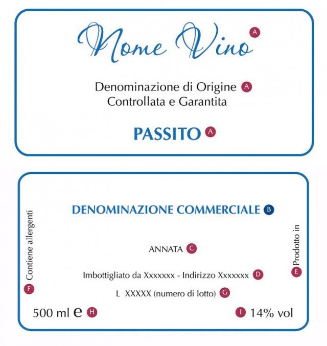 Un'etichetta tutta nuova È quella proposta da Coldiretti (www.coldiretti.it) per fornire le informazioni che aiutano a identificare il vino.A Nome del vino con espressione “Denominazione di Origine Controllata” (DOC) o “Denominazione di Origine Controllata e Garantita” (DOCG), oppure Denominazione di Origine Protetta (DOP) o indicazione Geografica Protetta (IGP) B Denominazione commerciale - C Annata Obbligatoria per DOC e DOCG, Facoltativa per IGT - D Nome o marchio con indirizzo dell’imbottigliatore- E Origine e provenienza - F indicazione su allergenti (solfiti) - G Lotto - H Quantità netta - I Tenore di alcol in volume % Un'etichetta tutta nuova È quella proposta da Coldiretti (www.coldiretti.it) per fornire le informazioni che aiutano a identificare il vino.A Nome del vino con espressione “Denominazione di Origine Controllata” (DOC) o “Denominazione di Origine Controllata e Garantita” (DOCG), oppure Denominazione di Origine Protetta (DOP) o indicazione Geografica Protetta (IGP) B Denominazione commerciale - C Annata Obbligatoria per DOC e DOCG, Facoltativa per IGT - D Nome o marchio con indirizzo dell’imbottigliatore- E Origine e provenienza - F indicazione su allergenti (solfiti) - G Lotto - H Quantità netta - I Tenore di alcol in volume %