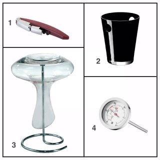 2. È provvisto di pompa e due tappi per eliminare l’aria lo stand che crea il sottovuoto nelle bottiglie di vino già stappate; costa 19,90 euro Linea Uno Vino di Tescomawww.tescoma.it 3. In vetro soffiato nero, la glacette ha impugnature laterali per una presa sicura; alta 24,5 cm, costa 92,50 euro Savoy di Lsa International www.lsa-international.com 4. Il décanter in vetro è completo di accessorio in acciaio per lo scolo; misura Ø 21 x H 30 cm e costa 28 euro Art. 61665 di Brandani www.brandani.it 5. Segnala fino a 50 °C il termometro con simboli per indicare la corretta temperatura dei diversi vini; costa 17,40 euro Termometro di Wmfwww.wmf.it 2. È provvisto di pompa e due tappi per eliminare l’aria lo stand che crea il sottovuoto nelle bottiglie di vino già stappate; costa 19,90 euro Linea Uno Vino di Tescomawww.tescoma.it 3. In vetro soffiato nero, la glacette ha impugnature laterali per una presa sicura; alta 24,5 cm, costa 92,50 euro Savoy di Lsa International www.lsa-international.com 4. Il décanter in vetro è completo di accessorio in acciaio per lo scolo; misura Ø 21 x H 30 cm e costa 28 euro Art. 61665 di Brandani www.brandani.it 5. Segnala fino a 50 °C il termometro con simboli per indicare la corretta temperatura dei diversi vini; costa 17,40 euro Termometro di Wmfwww.wmf.it