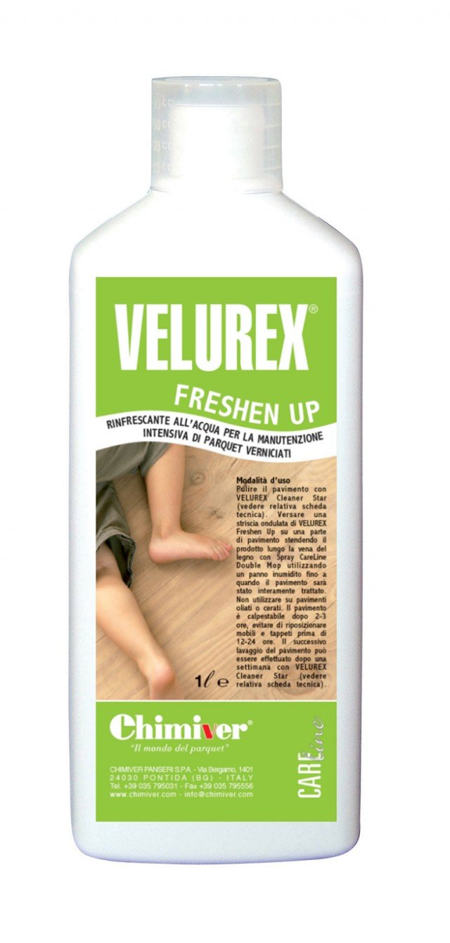 rinfrescante VELUREX Freshen Up di Chimiver per manutenzione intensiva di pavimenti di legno verniciati trattati con finiture a base acqua rinfrescante VELUREX Freshen Up di Chimiver per manutenzione intensiva di pavimenti di legno verniciati trattati con finiture a base acqua