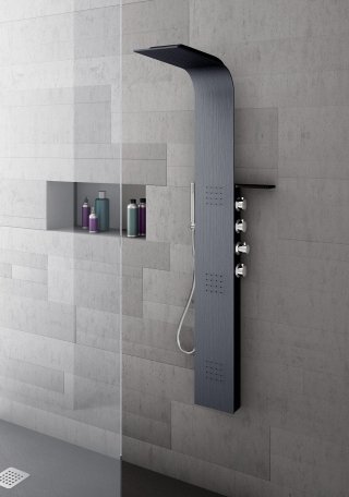 colonna Lama Alulife® di Hafro con soffione integrato dotata di miscelatore termostatico posto lateralmente come doccetta Raining colonna Lama Alulife® di Hafro con soffione integrato dotata di miscelatore termostatico posto lateralmente come doccetta Raining