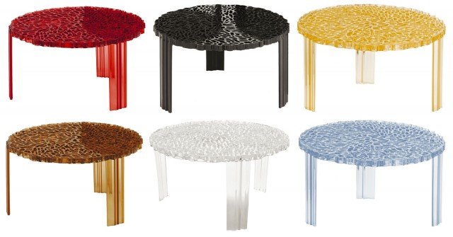 T-Table di Kartell è una collezione di tavolini ottenuta con una tecnica di stampaggio in cui si alternano pieni e vuoti che vanno a disegnare una decorazione particolarmente raffinata simile ad un ricamo. Realizzato in metacrilato, si adatta ad ambienti sia interni che esterni. Disponibile nelle versioni trasparente, trasparente colorata (arancio, blu, ambra e rosso) e nero opaco. Realizzato in tre altezze 28, 36, e 44 cm con Ø 50 cm. Prezzo 159 euro. www.kartell.i T-Table di Kartell è una collezione di tavolini ottenuta con una tecnica di stampaggio in cui si alternano pieni e vuoti che vanno a disegnare una decorazione particolarmente raffinata simile ad un ricamo. Realizzato in metacrilato, si adatta ad ambienti sia interni che esterni. Disponibile nelle versioni trasparente, trasparente colorata (arancio, blu, ambra e rosso) e nero opaco. Realizzato in tre altezze 28, 36, e 44 cm con Ø 50 cm. Prezzo 159 euro. www.kartell.i