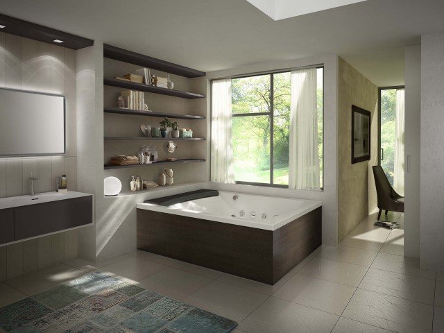 Seaside T08 di Teuco è la vasca idromassaggio dotata di Hydroline Hydrosonic®, cioè di 8 jet idromassaggio e 6 jet a ultrasuoni a filo. I pannelli sono con finitura legno naturale in rovere antracite. È dotata di pannello apribile rivestito in tessuto grigio che nasconde la rubinetteria a scomparsa e funge da poggiatesta. Misura L 190 x P 150 x H 60 cm. Prezzo su richiesta. www.teuco.it Seaside T08 di Teuco è la vasca idromassaggio dotata di Hydroline Hydrosonic®, cioè di 8 jet idromassaggio e 6 jet a ultrasuoni a filo. I pannelli sono con finitura legno naturale in rovere antracite. È dotata di pannello apribile rivestito in tessuto grigio che nasconde la rubinetteria a scomparsa e funge da poggiatesta. Misura L 190 x P 150 x H 60 cm. Prezzo su richiesta. www.teuco.it