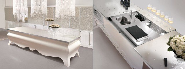 L’isola della cucina Diamond Cheers Hour di Brummel dal design raffinato si arricchisce con un “ice maker”, un portabottiglie e un vano per i bicchieri, un piccolo lavello e un piano cottura. Grazie a un sofisticato automatismo meccanico in quattro semplici movimenti si apre e si trasforma: il piano si alza, si divide in due e scorre lateralmente mostrando tutti gli elementi e creando un piano di appoggio. La struttura dalla linea arrotondata è laccata bianco lucido, il top è in vetro retro laccato e madreperlato. www.brummelcucine.it L’isola della cucina Diamond Cheers Hour di Brummel dal design raffinato si arricchisce con un “ice maker”, un portabottiglie e un vano per i bicchieri, un piccolo lavello e un piano cottura. Grazie a un sofisticato automatismo meccanico in quattro semplici movimenti si apre e si trasforma: il piano si alza, si divide in due e scorre lateralmente mostrando tutti gli elementi e creando un piano di appoggio. La struttura dalla linea arrotondata è laccata bianco lucido, il top è in vetro retro laccato e madreperlato. www.brummelcucine.it