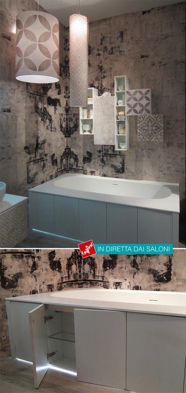bagno coordinato Arcom, con vasca da bagno Kuvet pannellata con ante in mdf e pensili collezione La Fenice con ante in mdf serigrafato bagno coordinato Arcom, con vasca da bagno Kuvet pannellata con ante in mdf e pensili collezione La Fenice con ante in mdf serigrafato