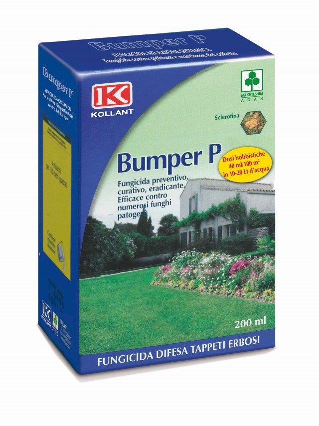 Bumper P è un fungicida ad attività preventiva, curativa ed eradicante, efficace contro numerosi funghi come l’elmintosporiosi, l’antracnosi. il marciume rosa, l’oidio e le ruggini. Conf. da 200 ml 26,30 euro di Kollant - www.kollant.it Bumper P è un fungicida ad attività preventiva, curativa ed eradicante, efficace contro numerosi funghi come l’elmintosporiosi, l’antracnosi. il marciume rosa, l’oidio e le ruggini. Conf. da 200 ml 26,30 euro di Kollant - www.kollant.it