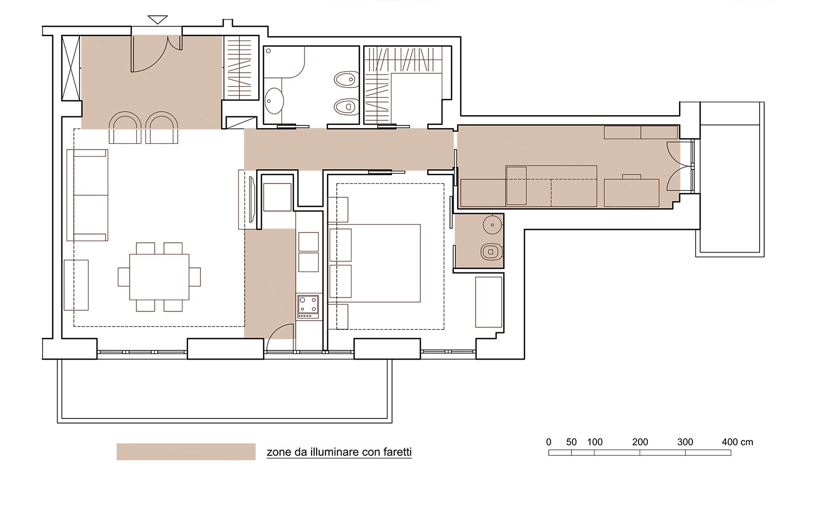 La pianta della casa con evidenziate le zone dove valutare di prevedere faretti La pianta della casa con evidenziate le zone dove valutare di prevedere faretti