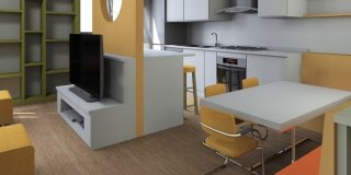 Soggiorno con cucina a vista. Pianta e prospetto in 3D