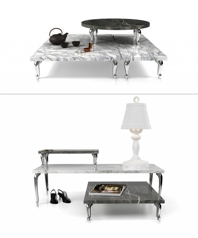 I tavolini Bassotti, disegnati da Marcel Wanders per Moooi, mescolano misure e altezze per composizioni a piacere. L’unicità di ogni lastra di marmo – grigio o bianco Carrara dello spessore di 3 cm – è ironicamente sostenuta e impreziosita da piedini dalla silhouette classica, di alluminio cromato. Misurano L 72 – 108 – 144 x P 40 e 72 x H 19 e 38 cm. Prezzo su richiesta. www.moooi.com I tavolini Bassotti, disegnati da Marcel Wanders per Moooi, mescolano misure e altezze per composizioni a piacere. L’unicità di ogni lastra di marmo – grigio o bianco Carrara dello spessore di 3 cm – è ironicamente sostenuta e impreziosita da piedini dalla silhouette classica, di alluminio cromato. Misurano L 72 – 108 – 144 x P 40 e 72 x H 19 e 38 cm. Prezzo su richiesta. www.moooi.com