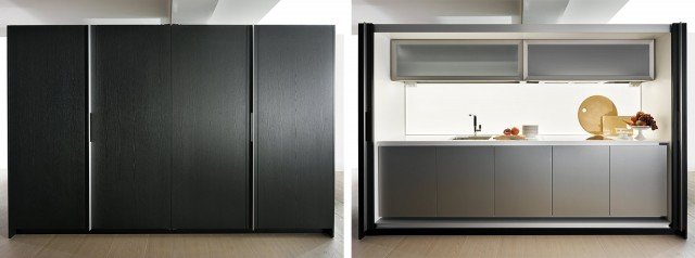 Armadio-cucina. Tivalì di Dada è una cucina iper tecnologica che può scomparire dietro le grandi ante scorrevoli grazie al meccanismo che le impacchetta lateralmente. Lo schienale del contenitore è formato da una parete luminosa a Led molto scenografica; i pensili sono dotati di apertura progressiva e integrano completamente la cappa. Prezzo su richiesta. www.dada-kitchens.com Armadio-cucina. Tivalì di Dada è una cucina iper tecnologica che può scomparire dietro le grandi ante scorrevoli grazie al meccanismo che le impacchetta lateralmente. Lo schienale del contenitore è formato da una parete luminosa a Led molto scenografica; i pensili sono dotati di apertura progressiva e integrano completamente la cappa. Prezzo su richiesta. www.dada-kitchens.com
