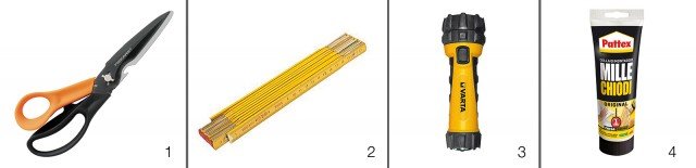 1. Rispondono a diverse esigenze le forbici adatte per tagliare carta, plastica, tessuti, fili metallici, corde, cavi, cartone, pelle e non solo. Sono lunghe 23 cm e costano 25,40 euro Cuts+More™ di Fiskars, www.fiskars.it 2. In legno, il doppio metro pieghevole è l’ideale per tutti i lavori di fai-da-te. Resistente agli urti e all’usura, costa 2,50 euro Art. 366216 di Opitec, www.opitec.com 3. È in polipropilene resistente all’acqua, agli urti e ai solventi industriali la torcia con intensità luminosa 25 lumen (fino a 52 m). Costa 9,90 euro LED Industrial Light 2D di Varta, www.varta.it 4. Per montare senza viti, chiodi, trapani e martelli, la colla è senza solventi. In tubo da 250 g costa 7,99 euro MilleChiodi Original di Pattex www.pattex.it 1. Rispondono a diverse esigenze le forbici adatte per tagliare carta, plastica, tessuti, fili metallici, corde, cavi, cartone, pelle e non solo. Sono lunghe 23 cm e costano 25,40 euro Cuts+More™ di Fiskars, www.fiskars.it 2. In legno, il doppio metro pieghevole è l’ideale per tutti i lavori di fai-da-te. Resistente agli urti e all’usura, costa 2,50 euro Art. 366216 di Opitec, www.opitec.com 3. È in polipropilene resistente all’acqua, agli urti e ai solventi industriali la torcia con intensità luminosa 25 lumen (fino a 52 m). Costa 9,90 euro LED Industrial Light 2D di Varta, www.varta.it 4. Per montare senza viti, chiodi, trapani e martelli, la colla è senza solventi. In tubo da 250 g costa 7,99 euro MilleChiodi Original di Pattex www.pattex.it