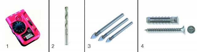 1. Il rilevatore di cavi elettrici e tubi metallici con segnale luminoso e acustico funziona a batteria da 9 V. Costa 19,95 euro BDS200-XJ di Black & Decker 2, www.blackanddecker.it. In acciaio speciale bonificato, la punta universale serve per foratura a percussione e rotazione di muri e pietra naturale. Prezzo da rivenditore Punta di Alpen Maykestag, www.alpenmaykestag.com 3. Sono in carburo di tungsteno le punte per vetro e piastrelle vendute in set da 3; prezzo da rivenditore. Art. 217584 di Silverline, www.silverlinetools.com. 4. Adatto per le più svariate applicazioni, il tassello a espansione in nylon è utilizzabile con viti legno, truciolari o autofilettanti. Il blister che contiene 15 tasselli + 15 viti costa 2,56 euro SX 6S di Fischer, www.fischeritalia.it 1. Il rilevatore di cavi elettrici e tubi metallici con segnale luminoso e acustico funziona a batteria da 9 V. Costa 19,95 euro BDS200-XJ di Black & Decker 2, www.blackanddecker.it. In acciaio speciale bonificato, la punta universale serve per foratura a percussione e rotazione di muri e pietra naturale. Prezzo da rivenditore Punta di Alpen Maykestag, www.alpenmaykestag.com 3. Sono in carburo di tungsteno le punte per vetro e piastrelle vendute in set da 3; prezzo da rivenditore. Art. 217584 di Silverline, www.silverlinetools.com. 4. Adatto per le più svariate applicazioni, il tassello a espansione in nylon è utilizzabile con viti legno, truciolari o autofilettanti. Il blister che contiene 15 tasselli + 15 viti costa 2,56 euro SX 6S di Fischer, www.fischeritalia.it