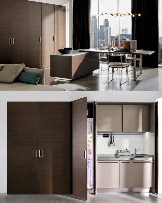 cucina armadio Spatia di Arclinea con ante in laminato con finitura Titan, top e alzata in acciaio inox cucina armadio Spatia di Arclinea con ante in laminato con finitura Titan, top e alzata in acciaio inox