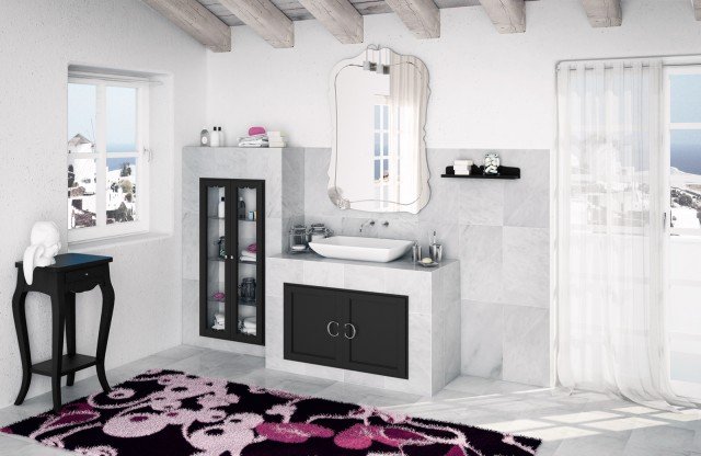 composizione bagno collezione “I piastrellati” di Cerasa laccato nero frontali di colore nero, lavabo Jazz in ceramica, maniglie a “C” e specchio sagomato composizione bagno collezione “I piastrellati” di Cerasa laccato nero frontali di colore nero, lavabo Jazz in ceramica, maniglie a “C” e specchio sagomato